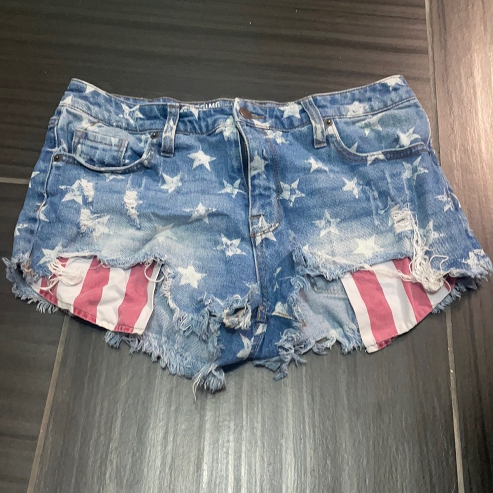 Red, white, and blue Jean shorts.